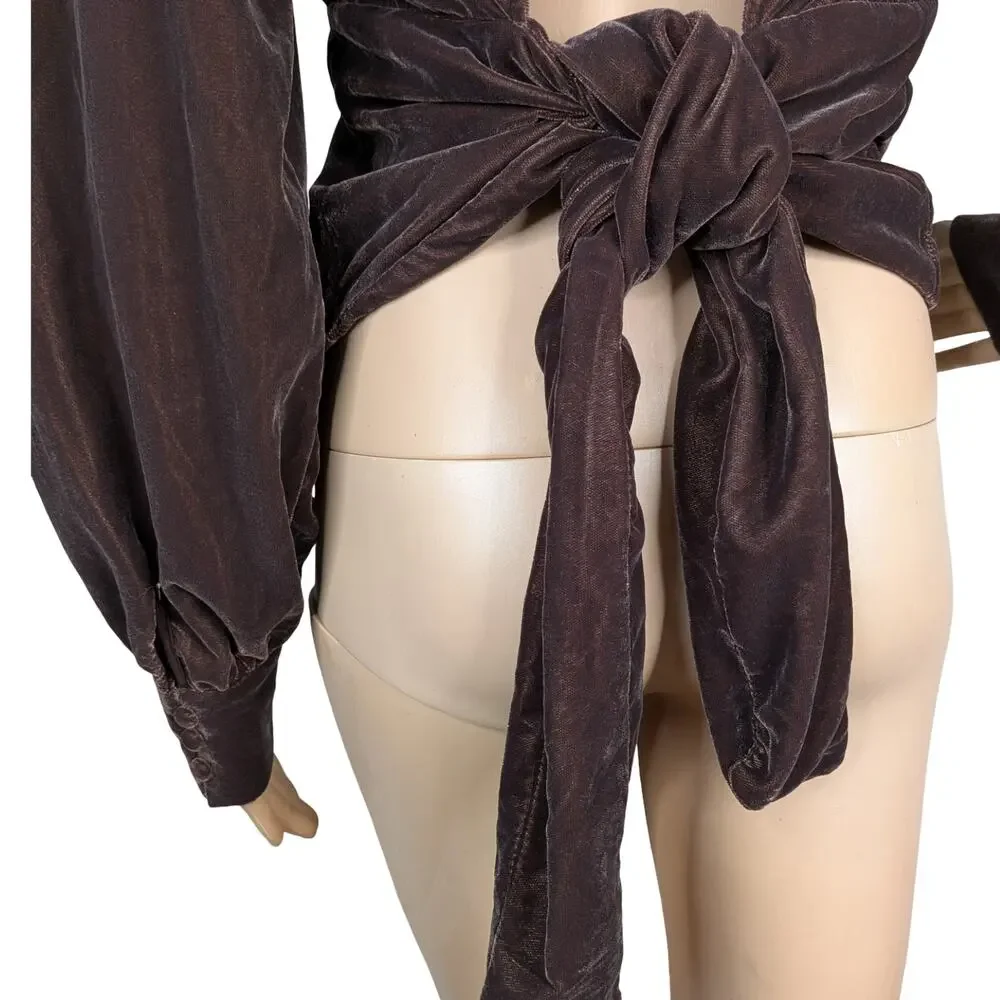 NWT Banana Republic Velvet Open Back Top M Roasted Cocoa Brown Puff Sleeve Mock
